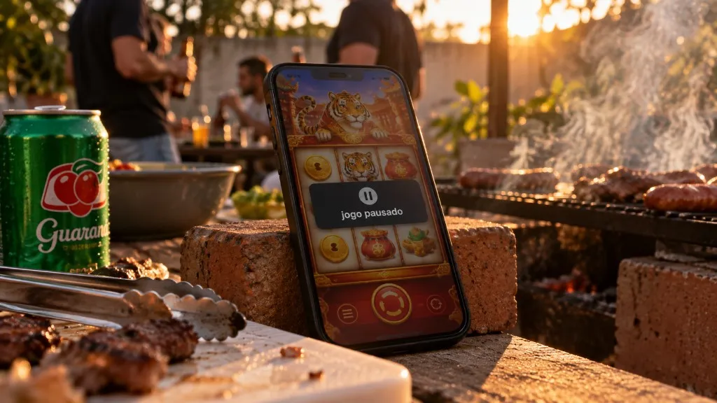 Tigrinho no celular, jogo pausado, churrasco ao fundo